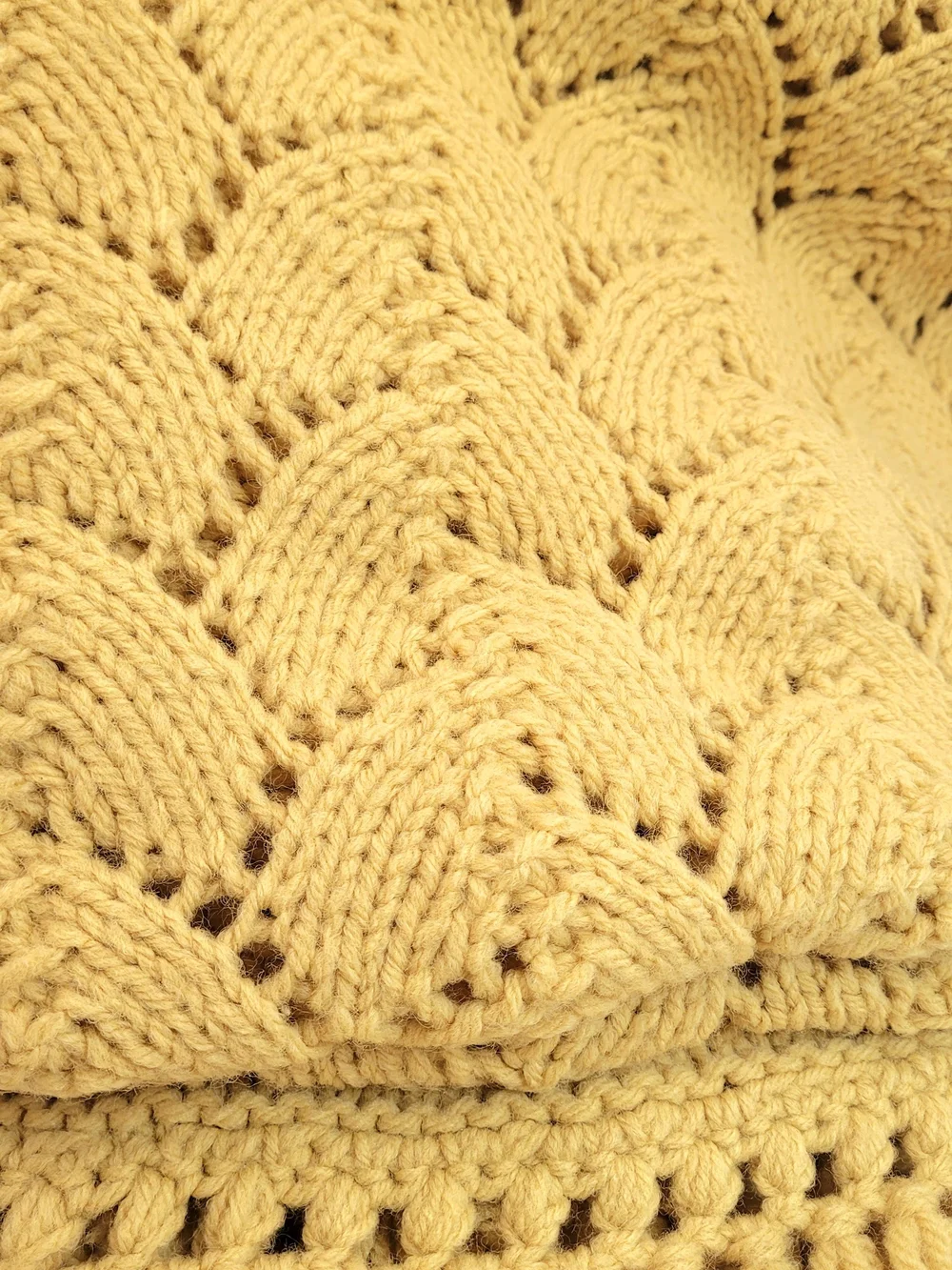 Vintage Yellow Knit Afghan Throw Blanket Fringe | Mid Century Old Shale Feather